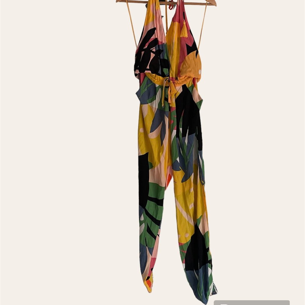 Olivaceous Halter Jumpsuit - Size Medium- Tropical Floral Beach Pool Travel